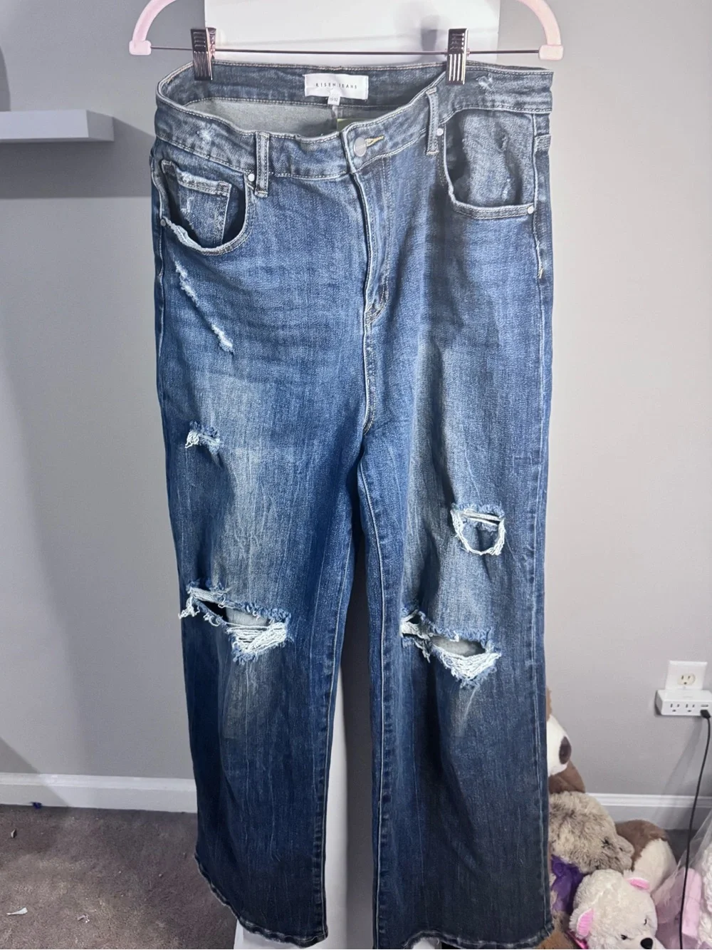 Risen Jeans Size 15/32 High Rise Distressed Wide Leg Blue Denim Jeans